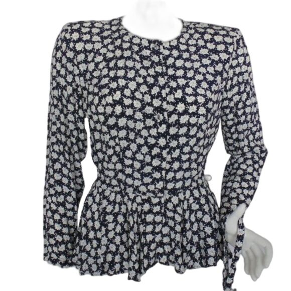 Vintage Skirt Set, XS, 3 piece, Top/Skirt/Belt, Blue Floral Rayon, Peplum, LS - Picture 5 of 12